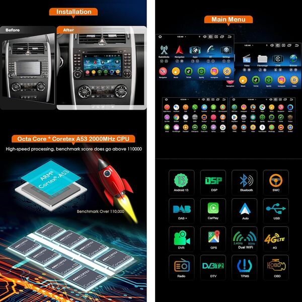 GONFEN 7 Pouces Android 13 Dab+ Autoradio pour Mercedes Classe A/B W169 W245 Viano Vito Sprinter VW Crafter Navi DSP WiFi OBD Bluetooth 5.0 CarPlay et Android Auto DSP GPS CD 8-Cœurs 4Go + 64Go Ecran