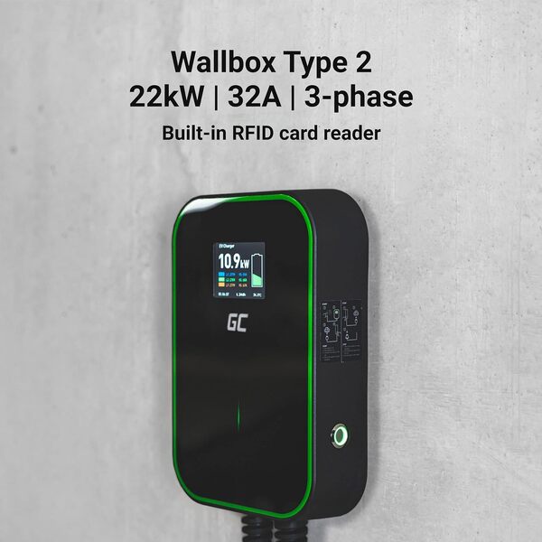 Green Cell GC PowerBox Wallbox 22kW RFID Chargeur pour Véhicules Électriques EV Type 2 Prise Écran LCD Compatible avec Model 3/S/X/Y, e-208, e-2008, 500e, Megane E-Tech, ID.3, ID.4, Zoe, EV6, Mach-E