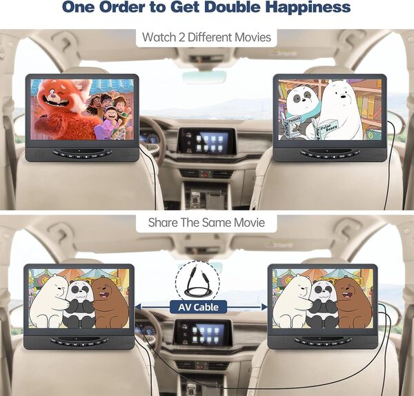 DESOBRY 12'' Lecteur DVD Voiture 2 Ecrans, Ecran Voiture Enfant Matique d'un MêMe Film Ou De Deux Films DifféRents, éCrans D'Appuie-TêTe HDMI 1080p, Batterie Rechargeable 5 Heures, Support USB
