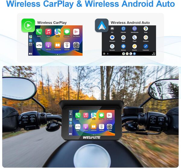 Weuaste Apple Carplay Portable sans fil pour moto, 1080p double caméra de moto (puce IMX307), caméra de tableau de bord de moto, TPMS de moto, écran tactile IPS étanche de 5 pouces, carte TF 128 Go,