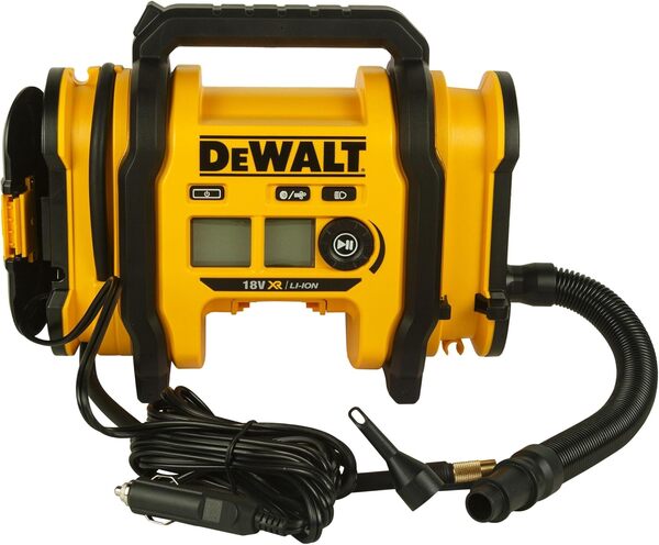 DEWALT - Gonfleur XR 18V - gonfleur sans fil avec LED - 3 sources d'alimentations : batteries XR 18V,chargeur voiture 12V ou secteur - pression max 11 Bar - jauge digitale- DCC018N-XJ