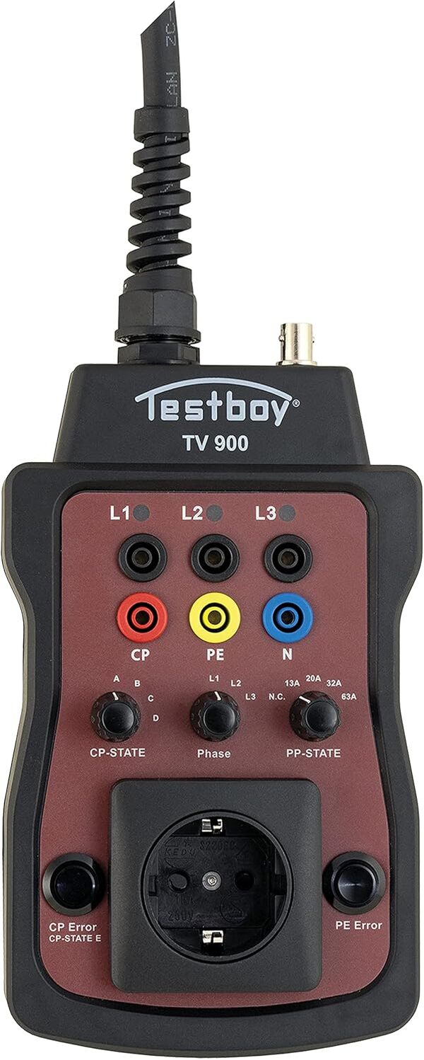 Testboy TV 900 Adaptateur de borne de recharge pour tester les bornes de recharge de type 2 (testeur d'installation ou multimètre connectable, LED intégrée), noir/rouge