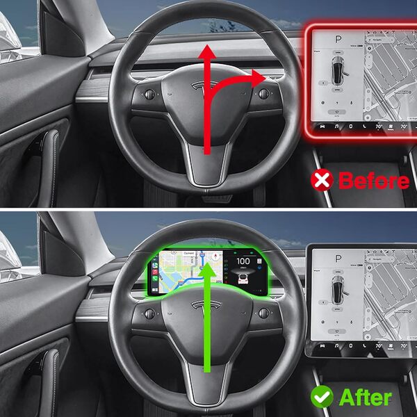 Affichage tête Haute pour Tesla Model Y 2019-2024 & Model 3 2017-2023 avec Carplay sans Fil/câblé Android Auto Bluetooth Données synchrones Affiche la Batterie, Le kilométrage, la Vitesse(10 Pouces).