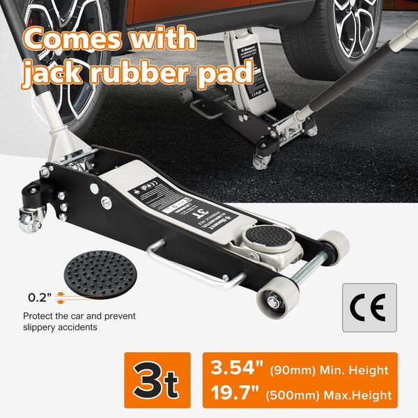 Donext Cric de course à profil bas de 3 tonnes – Construction en aluminium et acier, pompe à levage rapide à double piston, portée de levage 9 - 50 cm