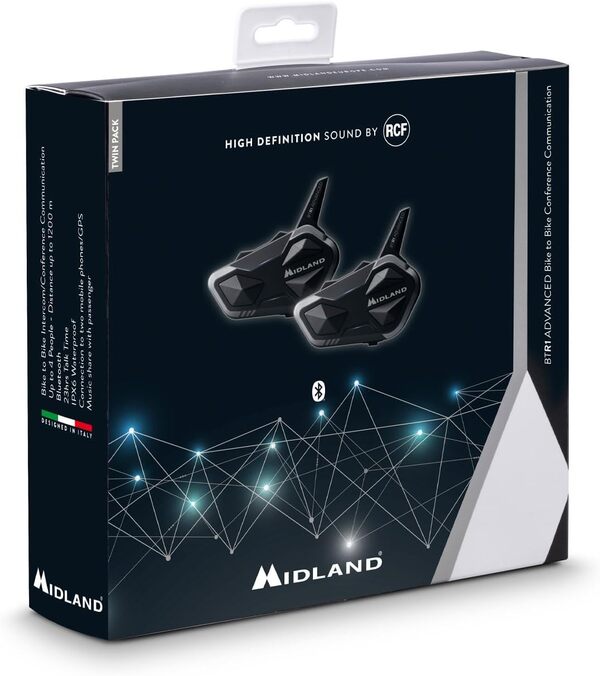 Midland- Intercom Moto Duo pour 2 Casques BTR1 Advanced Twin, Écouteurs Bluetooth sans Fil Casque Moto Étanche IPX6 Portée 1,2Km Batterie 23H Anti Bruit, Audio RCFHD Jusqu’à 4 Personnes Compatible TFT