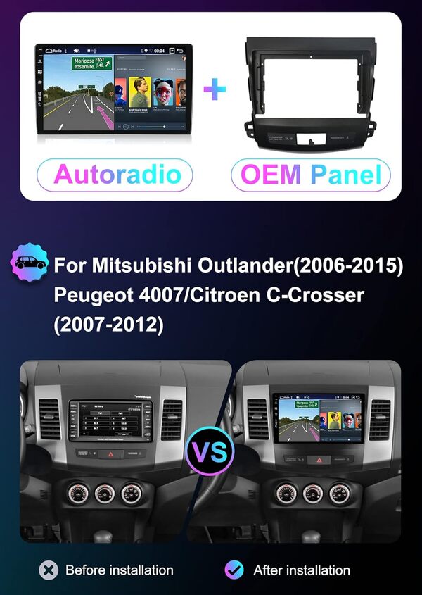 [6GB+128GB] Android 14 2 Din Autoradio pour Mitsubishi Outlander/Peugeot 4007/Citroen C-Crosser-[Intégré CarPlay/Android Auto/DSP/GPS]-IPS 2.5D 9
