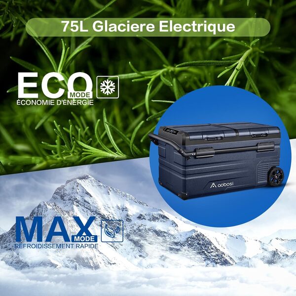 AAOBOSI 75L Glaciere Electrique Double Zone,Glaciere a Compression WiFi APP,12 V/24 V et 100-240 V Frigo Camping, -20 ℃ à 20 ℃, pour Voiture, Camion, Bateau, Camping, Car, Caravanes, Voyageant, Maison [Classe énergétique F]