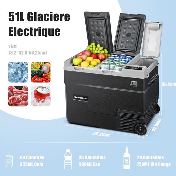 AAOBOSI Glaciere a Compression 51L, Portable Glacière Electrique Voiture 12v 220v, Double Zone Réglable -20℃ à 20℃ Glaciere Electrique avec Application pour Camion, Camping, Voyage [Classe énergétique B]
