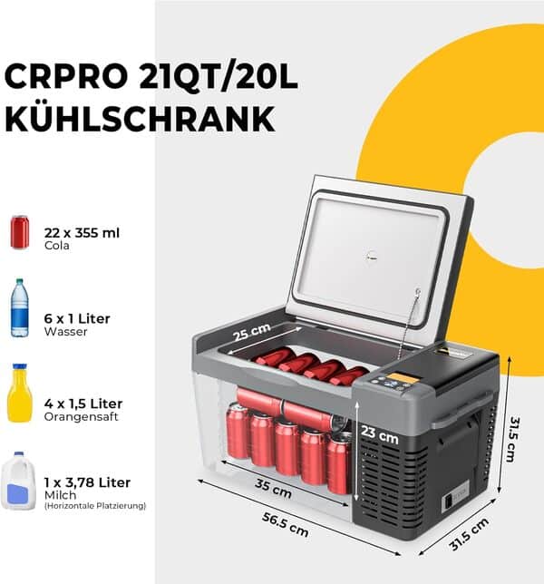 BougeRV CRPRO 20L Glacière à Compression 12V/24V (noir) avec Batterie 220Wh [Classe énergétique E]
