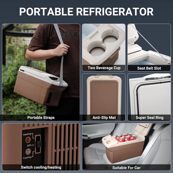 ICEROVER Réfrigérateur de voiture 12 V 6 L 4,4 °C ~ 60 °C, 12 V CC et 110 V AC, réfrigérateur électrique portable compact pour voiture, camping-car, camping (marron)