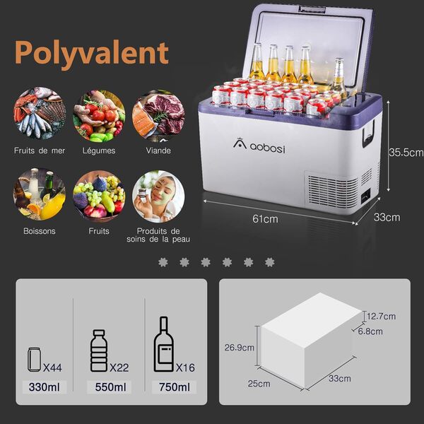 AAOBOSI 25L Glacière à Compresseur, Glacière Electrique, 12 V/24V et 100-240 V, -20℃ à 20℃, Pour Voiture, Camion, Bateau, Camping-Car, Contrôle WiFi [Classe énergétique C]