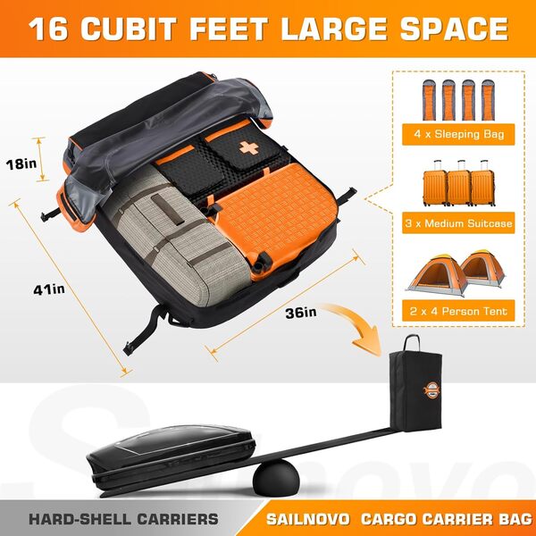 Sailnovo Sac de toit pliable 453 l, matériau étanche 1000D, tapis antidérapant, 6 sangles renforcées, 4 crochets de porte, pour le transport des bagages sur tous les véhicules avec/sans barres de toit