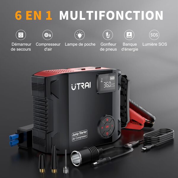 UTRAI Booster Batterie Voiture 6000A, Demarreur Batterie Voiture avec Gonfleur 150 PSI, Jump Starter Voiture avec 1600 Lumens Lumière LED, QC3.0, Port de Sortie DC (Tous Gaz ou 8L Diesel)