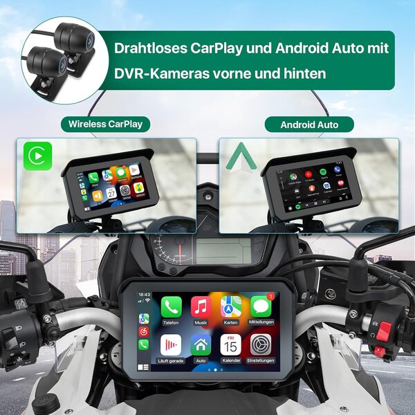 Caméra de moto DVR sans fil Apple Carplay, Android Auto, TPMS, double AHD 1080P caméra avant/arrière, GPS, capteur G, Siri & Google Voice, écran tactile IPS 5 pouces, WiFi, Bluetooth, et étanche