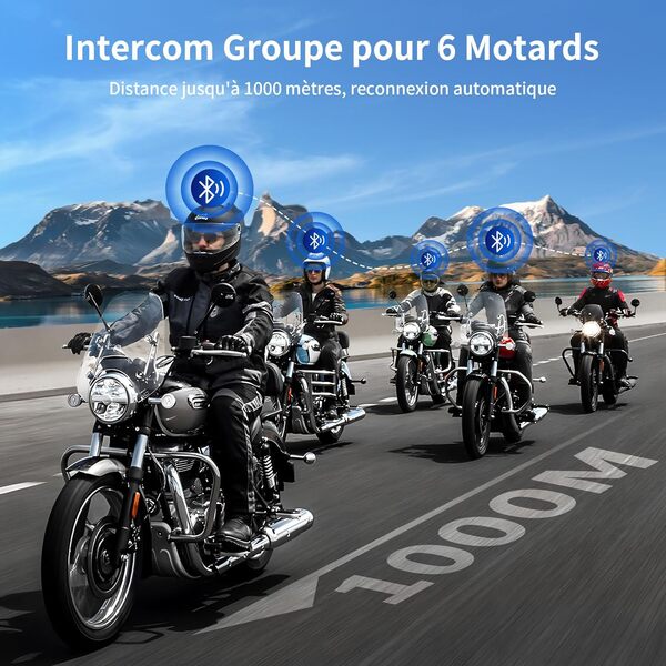 Fodsports FX6 Intercom Moto, 6 Voies Intercom Moto pour 6 Casques avec Radio FM, Main Libre, 1000 m Oreillette Bluetooth Casque pour Motocyclette/ATV