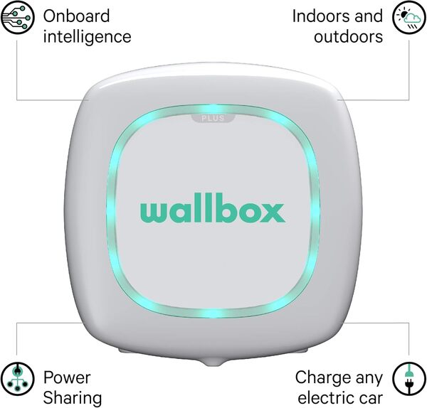 Chargeur Wallbox Pulsar Plus avec Une Puissance de Charge jusqu'à 22 KW, connecteur de Type 2 et câble de 7 mètres. Connectivité Bluetooth et Wi-FI.