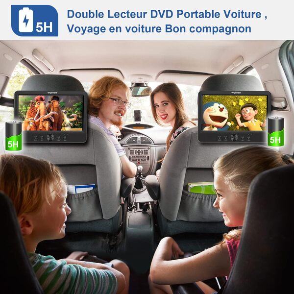 WONNIE Lecteur DVD Portable Voiture 2 Ecrans Enfants Vidéo avec Appuie-tête de 10,5 Pouces Compatible USB SD MMC 5 Heures pour Un Long Voyage(Deux Lecteur DVD)