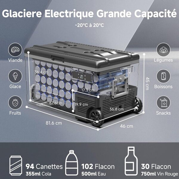 AAOBOSI Glacière à Compresseur 74L, Glaciere Électrique -20℃ à 20℃, APP&Bouton Contrôle, 12/24V DC et 100-240V AC Frigo Camion Pour Voiture, Camion, Bateau, Camping-Car Et Prise De Courant [Classe énergétique C]