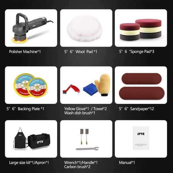 SPTA Polisseuse Voiture, Polisseuse Orbitale, Polisseuse Excentrique, Machine à polir, Polisseuse 750W, 125mm/150mm Polissage Pad, 6 Vitesse Variable pour Le Polissage, Cirage, Ponçage- DA501-EU
