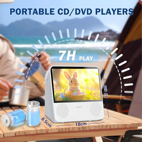 Lecteur DVD Portable avec écran, 4000mAh Batterie, Bluetooth/USB/AV/Mémoire, Luminosité Réglable, Multizone Lecteur DVD/CD Portatif pour TV, Longs Trajets en Voiture (Blanc)