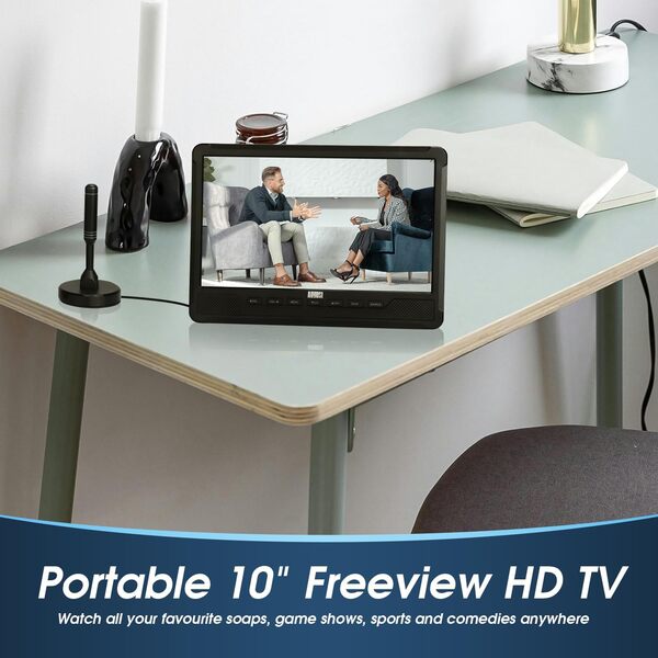 August DA383 - TV Portable 10” avec Lecteur DVD Intégré - Enregistrement TV TNT HD DVB-T2 avec Batterie Rechargeable, CD/DVD/USB/Carte SD, HDMI, AV - Sortie Auxiliaire pour Caravane, Voyage et Maison [Classe énergétique A]