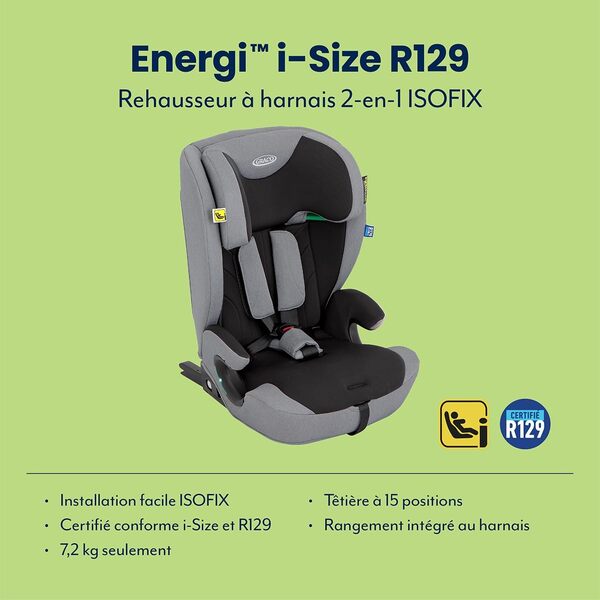 Graco Energi i-Size R129, rehausseur à harnais 2-en-1 ISOFIX avec attache supérieure, de 76 à 150 cm (de 15 mois jusqu'à environ 12 ans), face à la route, gris/noir, Meteor