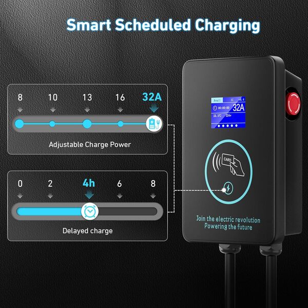 EVJUICION Borne de Recharge Vehicule Electrique 7,4 kW | 8-32A | 0-8H Temporisé Programmé Chargeur Type 2 Wallbox Monophasé avec écran LED Domestique Chargeur Voiture Electrique, câble de 5M IEC 62196