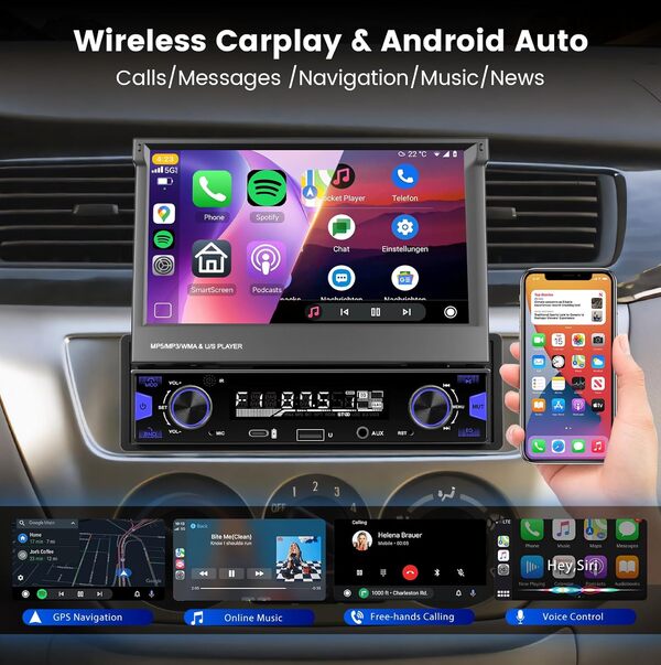 Hodozzy 1 Din Autoradio avec Carplay sans Fil Android Auto, 7 Pouces Ecran Rétractable avec Bluetooth Radio FM/AM/RDS, Autoradio MirrorLink/USB/AUX/Type-C/Commandes au Volant + Caméra de Recul