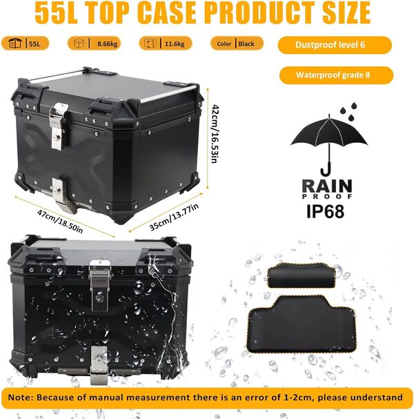 Top Case Moto, 55L Alliage Aluminium Top Box avec Dossier et 2pcs Plaques de Base, Universel Étanche Boîte de Queue avec Serrure de Sécurité pour Casque de Rangement, Noir