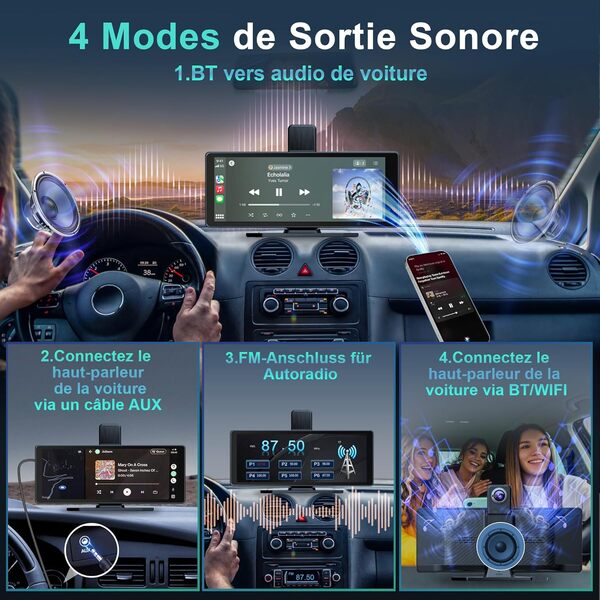 Autoradio sans Fil, Audio de Voiture Portable 10,26 Pouces, écran Carplay avec caméra de Tableau de Bord Double 4K Avant + arrière 1080P, Lecture de Voiture sans Fil avec Mirror Link/S-iri/AUX/64G TF