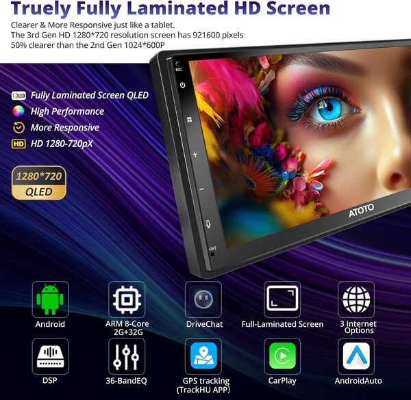 A6PF 7 Pouces Autoradio 2 DIN Android, Carplay sans Fil et Android Auto, 8cœurs 2G+32G QLED écran Voiture avec Dab+, 2 Bluetooth, WiFi/BT/USB Tethering, 36-B EQ DSP, GPS, A6G2C7PF