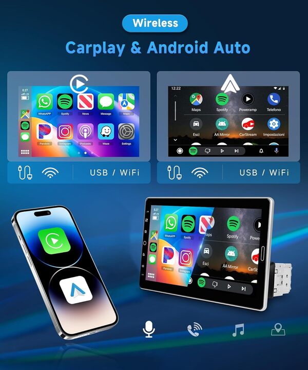Single Din Autoradio with Wireless CarPlay/Android Auto/Mirror Link,1 Din Autoradio 6.9 Pouces IPS Touchscreen Mains Libres Bluetooth FM Type-C USB EQ Commande au Volant Caméra Recul Microphone