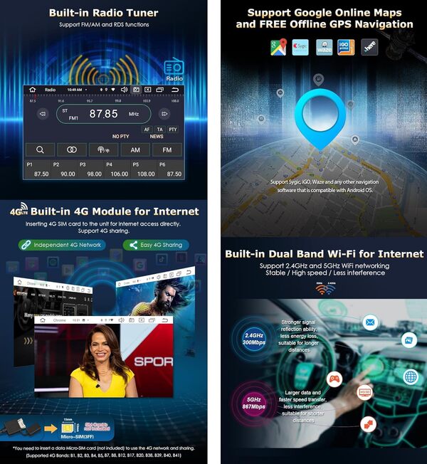 Erisin 8-Cœurs 4Go RAM+64Go ROM Android 14 Autoradio Bluetooth GPS Stéréo 1 din détachable 7 Pouces Écran Tactile Soutien Wilesless CarPlay Android Auto Dab+ FM Radio WiFi 4G OBD2 Lecteur CD/DVD TPMS