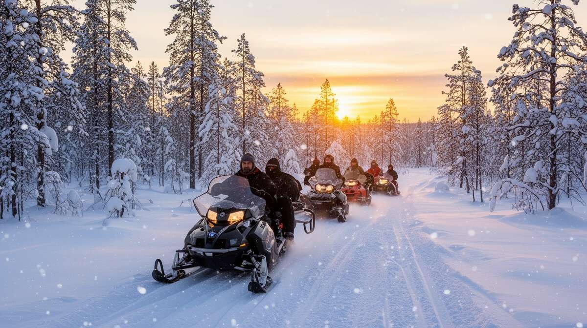 Randonn&eacute;e en motoneige &agrave; travers les for&ecirc;ts enneig&eacute;es