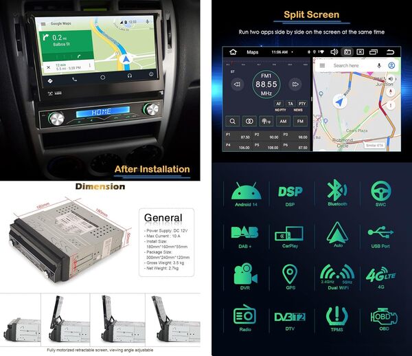 7 Pouces 8-Cœurs Android 14 Autoradio 1 Din avec Écran Motorisé sans Fil Carplay Android Auto Bluetooth A2DP WiFi 4G GPS FM RDS Dab+ OBD2 DSP 4 Go de RAM+64 Go de ROM