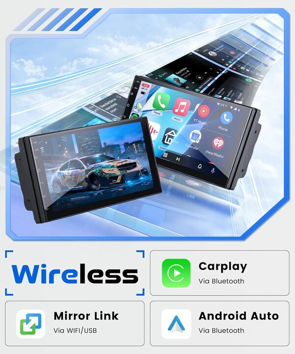 Rimoody 4G 64G 7 Pouces Autoradio 2 Din Android, Écran Tactile Carplay sans Fil 2 Din Autoradio avec Android Auto Mirror Link GPS Navi Bluetooth WiFi/FM/RDS/EQ/SWC/USB Caméra de Recul