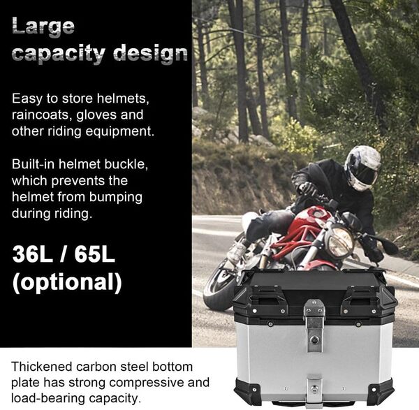 Top Case Moto Universel 65L, Top Case Moto en Aluminium étanche, Boîte de Queue de Motos, Coffre de Rangement à Double clé, Autocollant Réfléchissant, Boîte à Outils étanche pour Motos (Argenté)