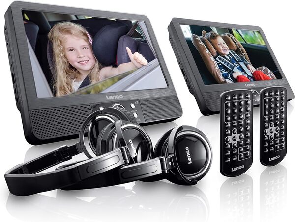 Lenco DVP-939 - lecteur DVD portable 2 x 9 pouces avec 2 casques et 2 supports d'appui-tête - batterie rechargeable intégrée - entrée USB - lecteur de carte SD - noir
