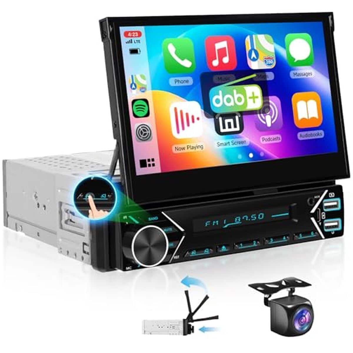 Test : autoradio Dab 1 DIN CarPlay sans fil avec écran rétractable et caméra de recul